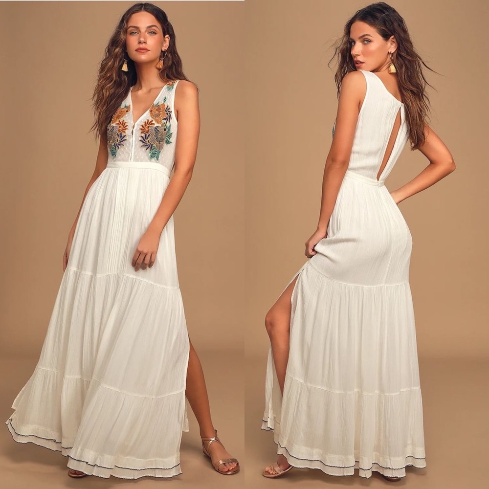 Lulus Tickets To Paradise White Embroidered Maxi Dress Size Small